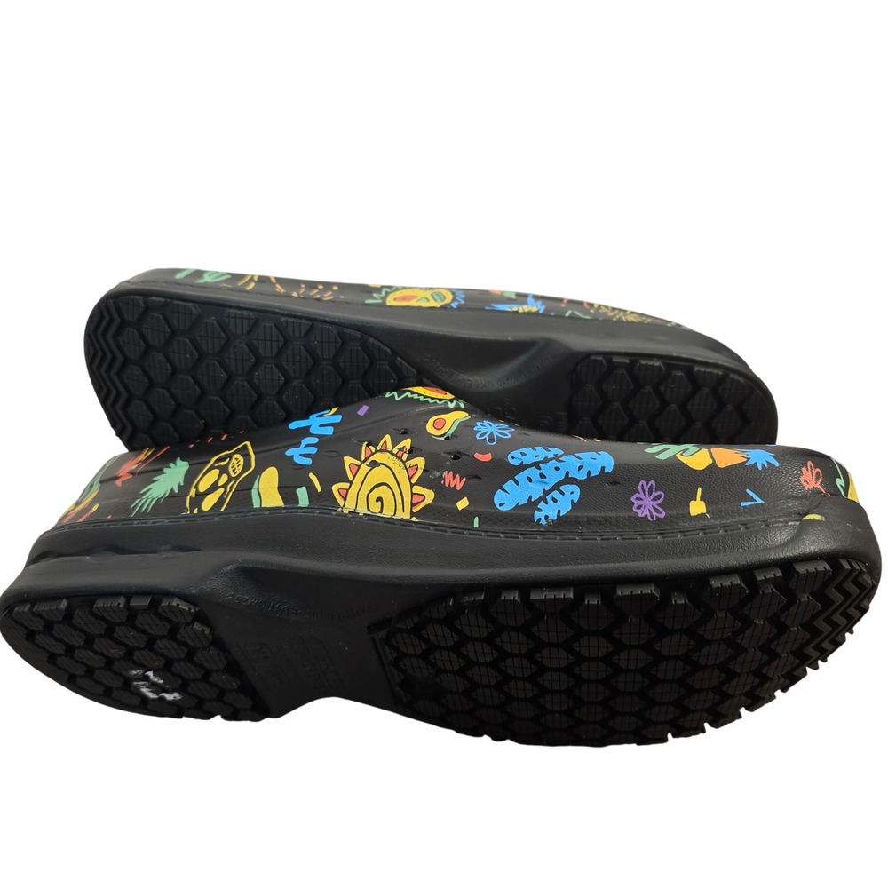 NEW Shoes For Crews Radium Black Multi Festive Print Slip Resistant Clogs M8 W10 - Picture 9 of 15